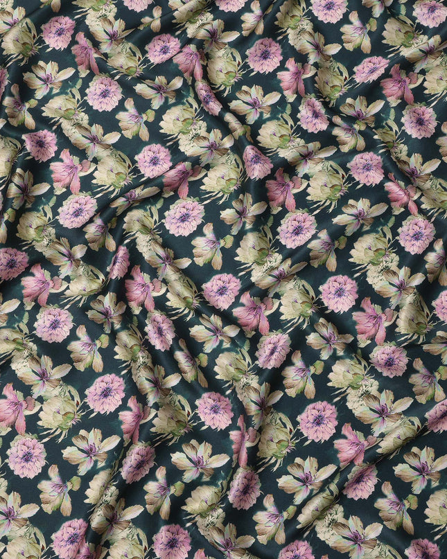 Deep Teal Green Floral Allover Printed Premium Pure Silk Satin Fabric, 110 Cms, India-D27084