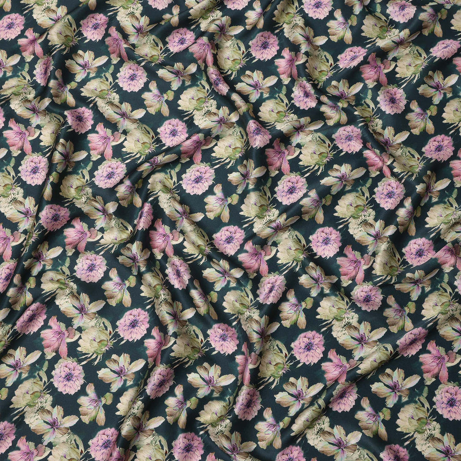 Deep Teal Green Floral Allover Printed Premium Pure Silk Satin Fabric, 110 Cms, India-D27084