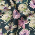 Deep Teal Green Floral Allover Printed Premium Pure Silk Satin Fabric, 110 Cms, India-D27084