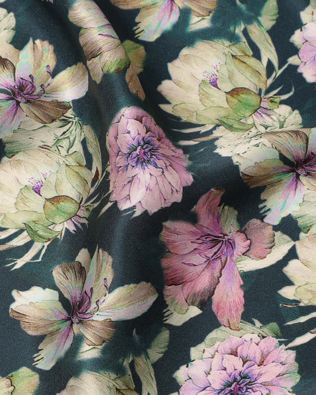 Deep Teal Green Floral Allover Printed Premium Pure Silk Satin Fabric, 110 Cms, India-D27084