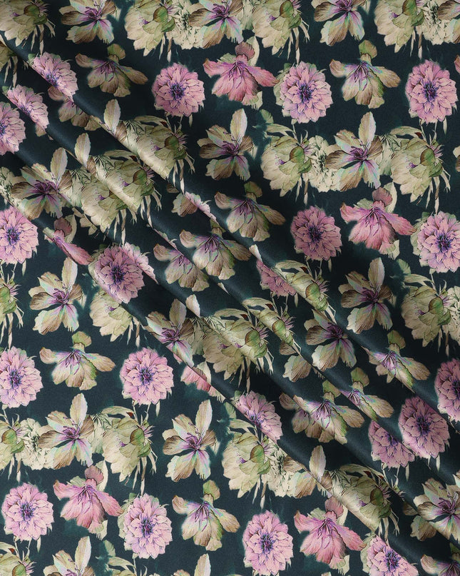 Deep Teal Green Floral Allover Printed Premium Pure Silk Satin Fabric, 110 Cms, India-D27084