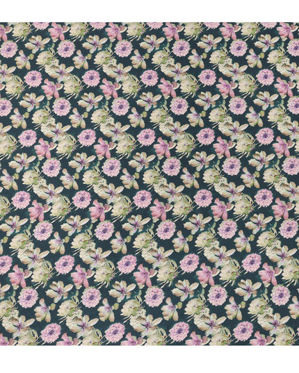 Deep Teal Green Floral Allover Printed Premium Pure Silk Satin Fabric, 110 Cms, India-D27084