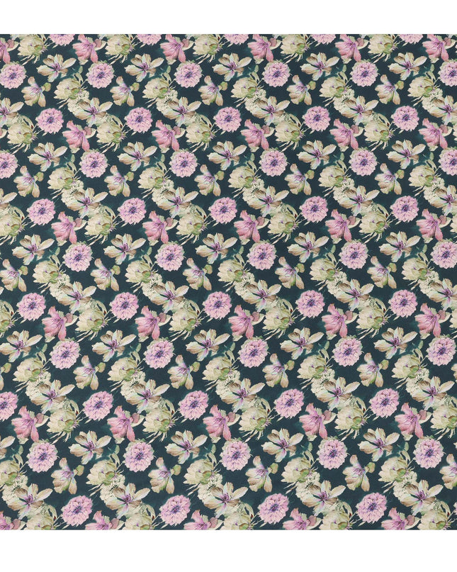 Deep Teal Green Floral Allover Printed Premium Pure Silk Satin Fabric, 110 Cms, India-D27084