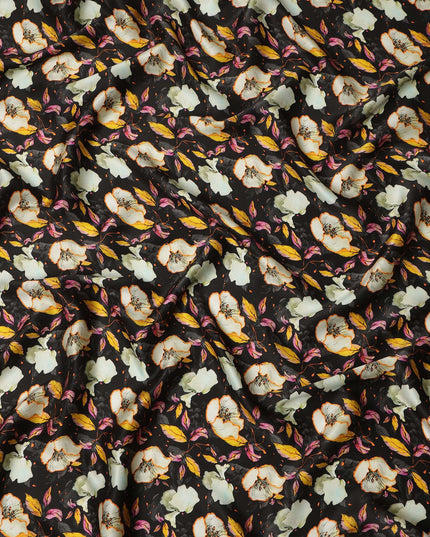 Black Floral Allover Printed Premium Pure Silk Satin Fabric, 110 Cms, India-D27075