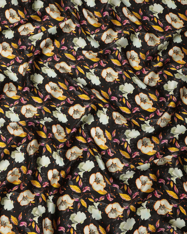 Black Floral Allover Printed Premium Pure Silk Satin Fabric, 110 Cms, India-D27075
