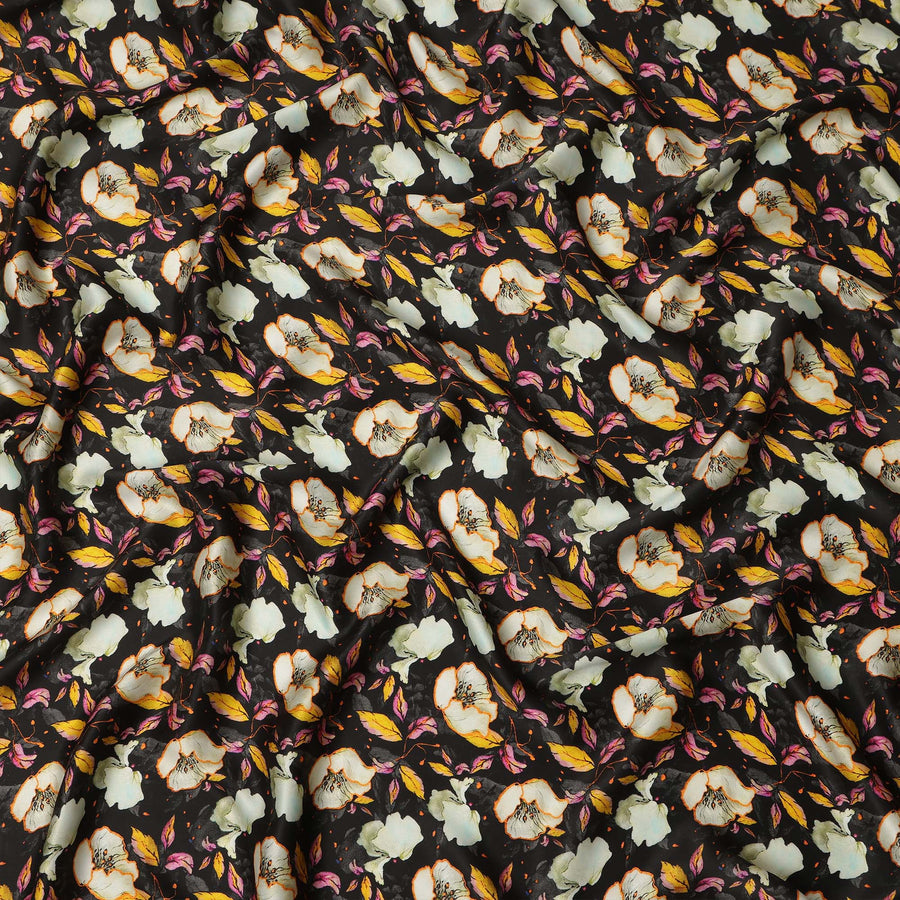Black Floral Allover Printed Premium Pure Silk Satin Fabric, 110 Cms, India-D27075