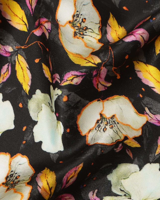 Black Floral Allover Printed Premium Pure Silk Satin Fabric, 110 Cms, India-D27075