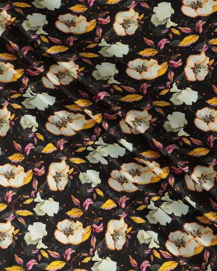 Black Floral Allover Printed Premium Pure Silk Satin Fabric, 110 Cms, India-D27075