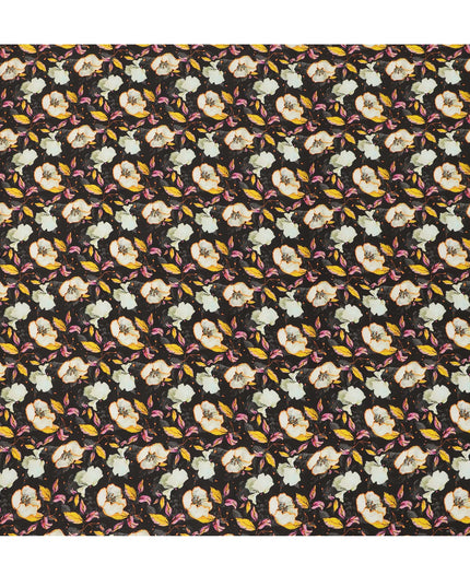 Black Floral Allover Printed Premium Pure Silk Satin Fabric, 110 Cms, India-D27075