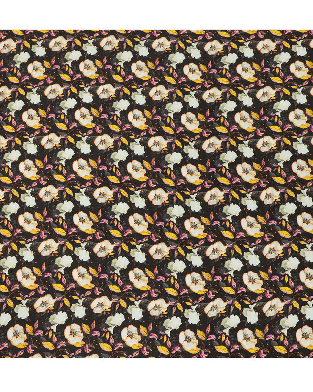 Black Floral Allover Printed Premium Pure Silk Satin Fabric, 110 Cms, India-D27075