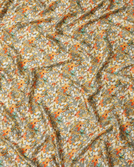 Grey Floral Allover Printed Premium Pure Silk Satin Fabric, 110 Cms, India-D27078