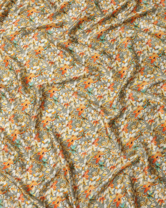 Grey Floral Allover Printed Premium Pure Silk Satin Fabric, 110 Cms, India-D27078