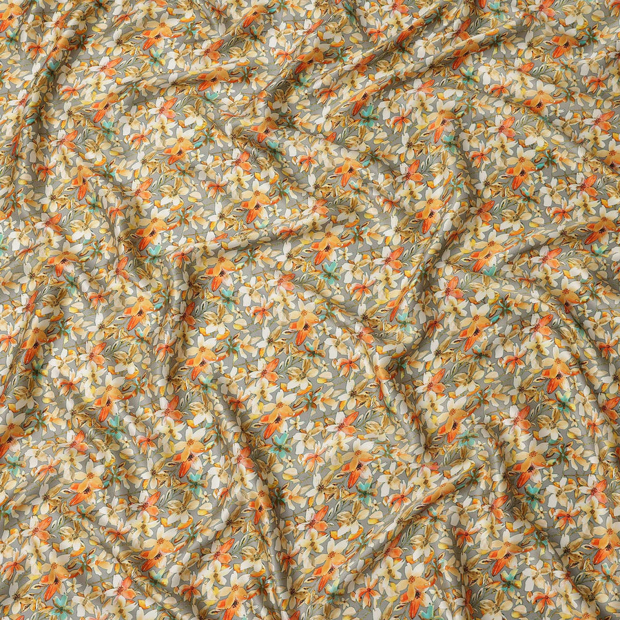 Grey Floral Allover Printed Premium Pure Silk Satin Fabric, 110 Cms, India-D27078