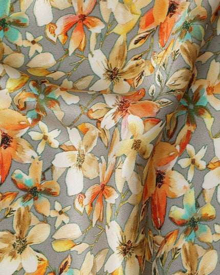 Grey Floral Allover Printed Premium Pure Silk Satin Fabric, 110 Cms, India-D27078
