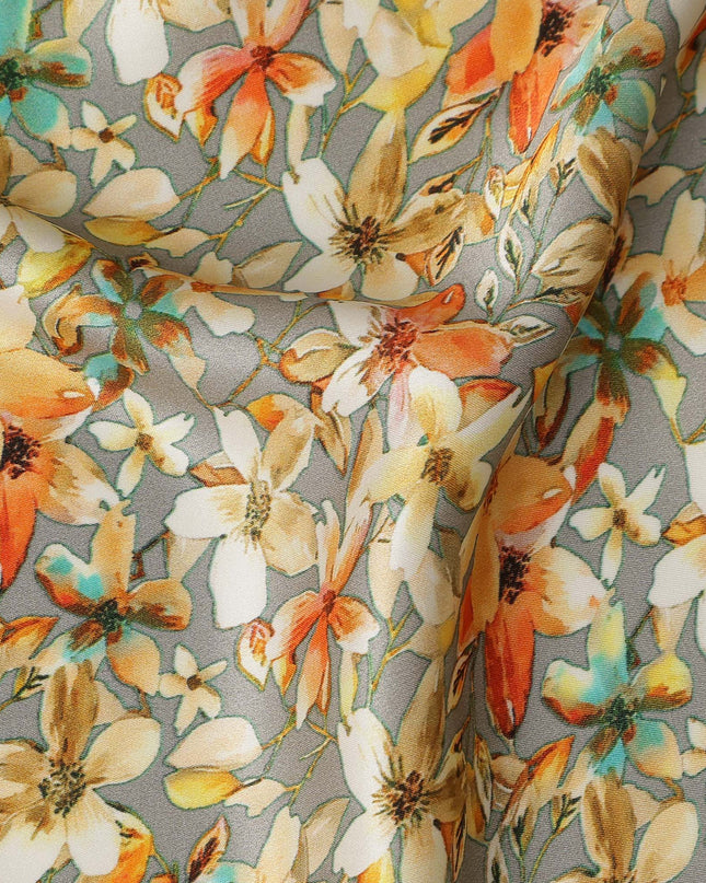Grey Floral Allover Printed Premium Pure Silk Satin Fabric, 110 Cms, India-D27078