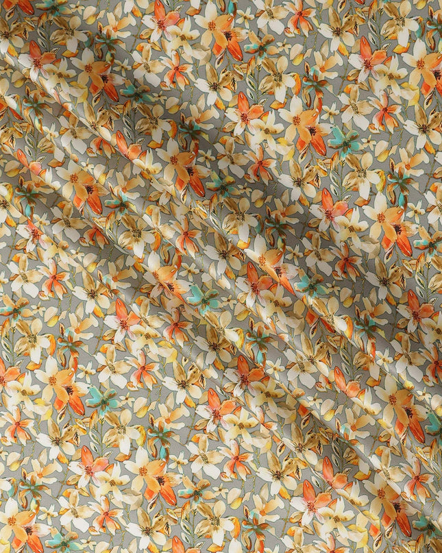 Grey Floral Allover Printed Premium Pure Silk Satin Fabric, 110 Cms, India-D27078