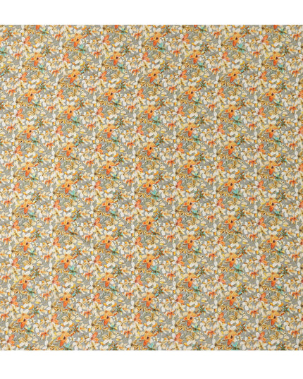 Grey Floral Allover Printed Premium Pure Silk Satin Fabric, 110 Cms, India-D27078