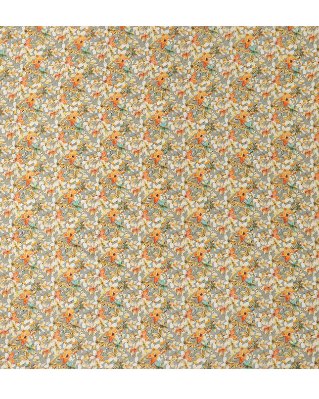Grey Floral Allover Printed Premium Pure Silk Satin Fabric, 110 Cms, India-D27078