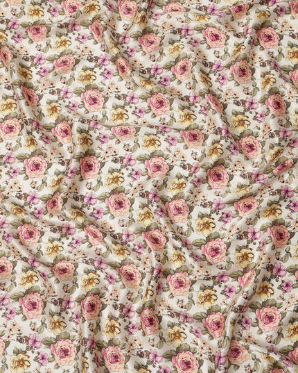 Ivory Cream Vintage Rose Floral Allover Printed Premium Pure Silk Satin Fabric, 110 Cms, India-D27091