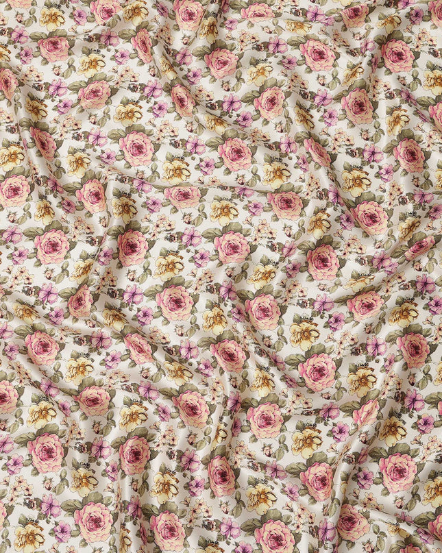Ivory Cream Vintage Rose Floral Allover Printed Premium Pure Silk Satin Fabric, 110 Cms, India-D27091