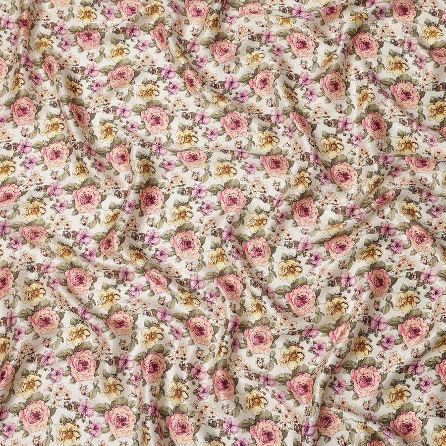 Ivory Cream Vintage Rose Floral Allover Printed Premium Pure Silk Satin Fabric, 110 Cms, India-D27091