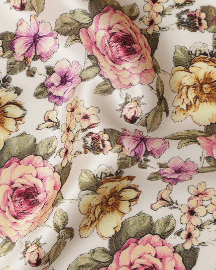 Ivory Cream Vintage Rose Floral Allover Printed Premium Pure Silk Satin Fabric, 110 Cms, India-D27091