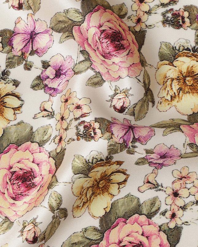 Ivory Cream Vintage Rose Floral Allover Printed Premium Pure Silk Satin Fabric, 110 Cms, India-D27091