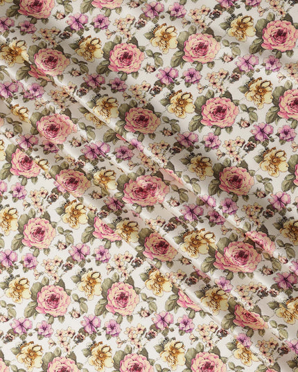 Ivory Cream Vintage Rose Floral Allover Printed Premium Pure Silk Satin Fabric, 110 Cms, India-D27091