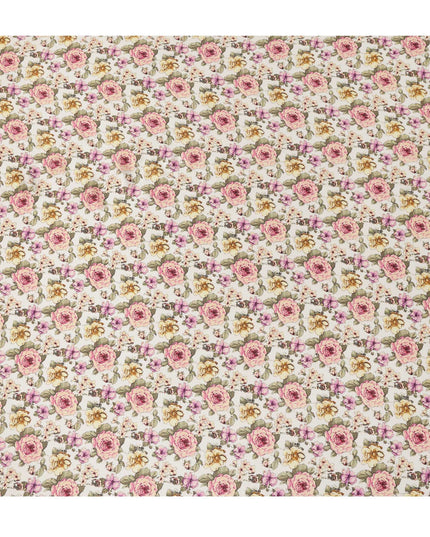 Ivory Cream Vintage Rose Floral Allover Printed Premium Pure Silk Satin Fabric, 110 Cms, India-D27091