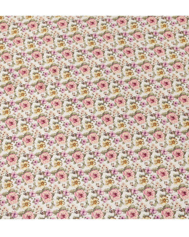Ivory Cream Vintage Rose Floral Allover Printed Premium Pure Silk Satin Fabric, 110 Cms, India-D27091