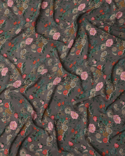 Grey Floral Printed Silk Crepe Fabric Soft Lightweight Breathable Material for Dressmaking Sewing Craft Apparel Use 110 Cms Width India Origin-D27287 - Regal Fabrics