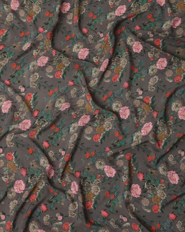 Grey Floral Printed Silk Crepe Fabric Soft Lightweight Breathable Material for Dressmaking Sewing Craft Apparel Use 110 Cms Width India Origin-D27287