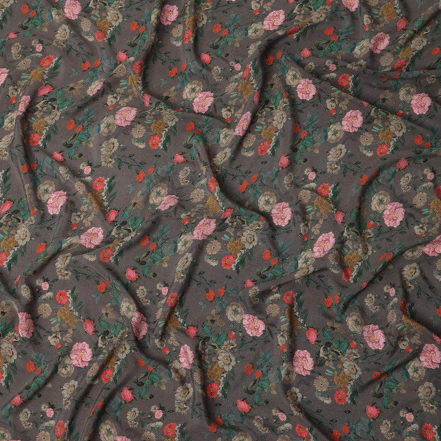 Grey Floral Printed Silk Crepe Fabric Soft Lightweight Breathable Material for Dressmaking Sewing Craft Apparel Use 110 Cms Width India Origin-D27287 - Regal Fabrics