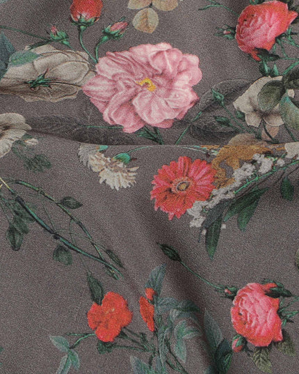 Grey Floral Printed Silk Crepe Fabric Soft Lightweight Breathable Material for Dressmaking Sewing Craft Apparel Use 110 Cms Width India Origin-D27287 - Regal Fabrics