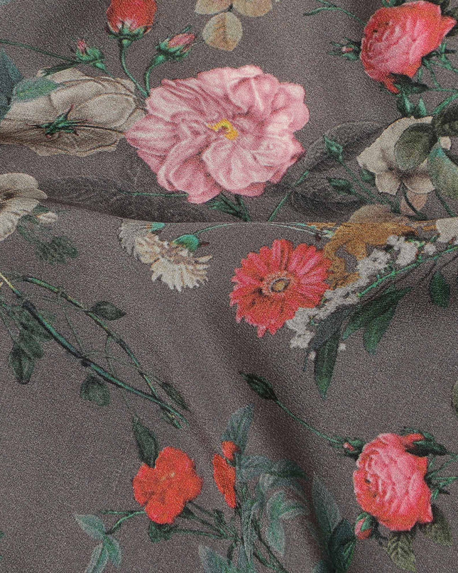 Grey Floral Printed Silk Crepe Fabric Soft Lightweight Breathable Material for Dressmaking Sewing Craft Apparel Use 110 Cms Width India Origin-D27287
