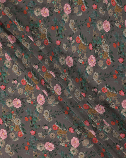 Grey Floral Printed Silk Crepe Fabric Soft Lightweight Breathable Material for Dressmaking Sewing Craft Apparel Use 110 Cms Width India Origin-D27287 Regal Fabrics
