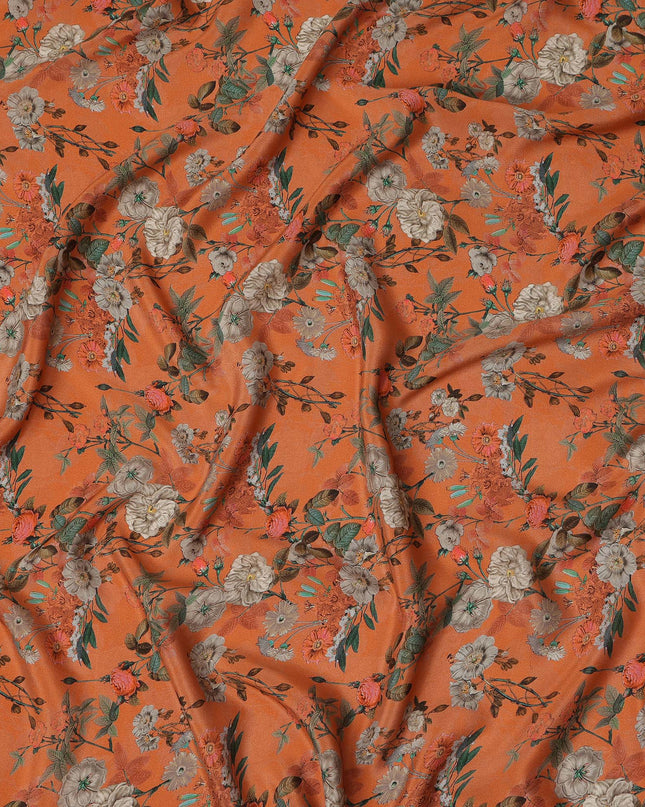 Orange Floral Printed Silk Crepe Fabric Soft Flowing Lightweight Luxurious Material for Dressmaking Sewing Apparel Craft Use 110 Cms Width India Origin-D27295