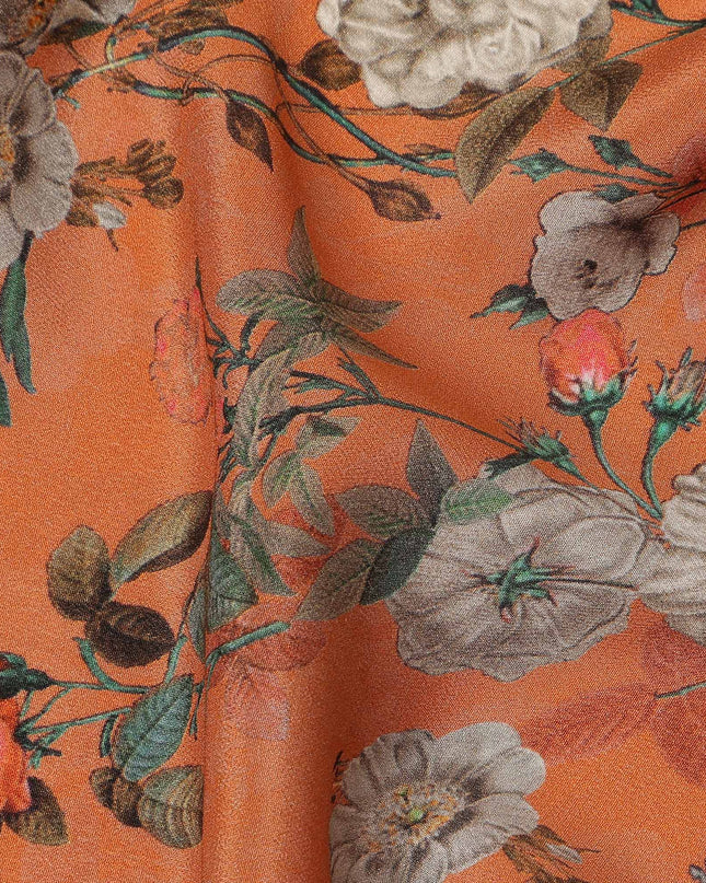 Orange Floral Printed Silk Crepe Fabric Soft Flowing Lightweight Luxurious Material for Dressmaking Sewing Apparel Craft Use 110 Cms Width India Origin-D27295