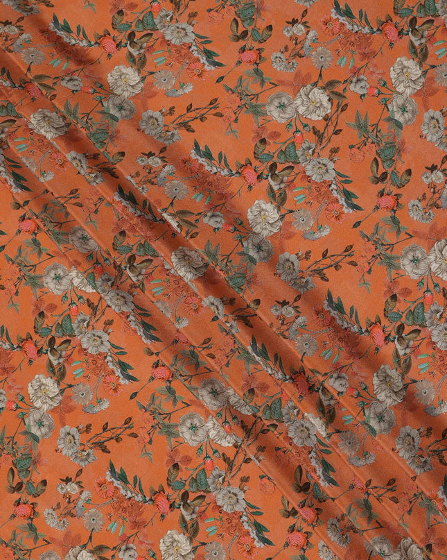 Orange Floral Printed Silk Crepe Fabric Soft Flowing Lightweight Luxurious Material for Dressmaking Sewing Apparel Craft Use 110 Cms Width India Origin-D27295