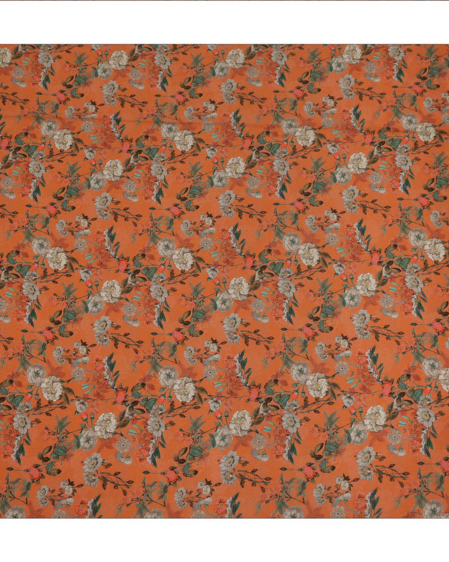 Orange Floral Printed Silk Crepe Fabric Soft Flowing Lightweight Luxurious Material for Dressmaking Sewing Apparel Craft Use 110 Cms Width India Origin-D27295