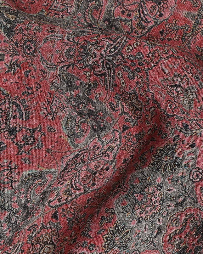 Rust Red Black Vintage Paisley Floral Printed Pure Silk Crepe Fabric Lightweight Soft Draping Dress Material 110 Cms Width India Origin-D28797 Regal Fabrics