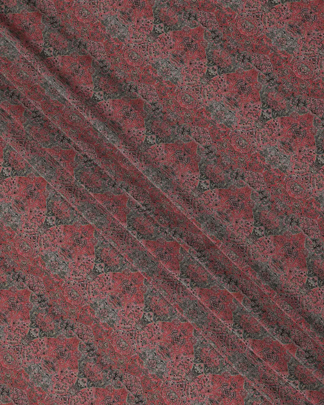 Rust Red Black Vintage Paisley Floral Printed Pure Silk Crepe Fabric Lightweight Soft Draping Dress Material 110 Cms Width India Origin-D28797 Regal Fabrics