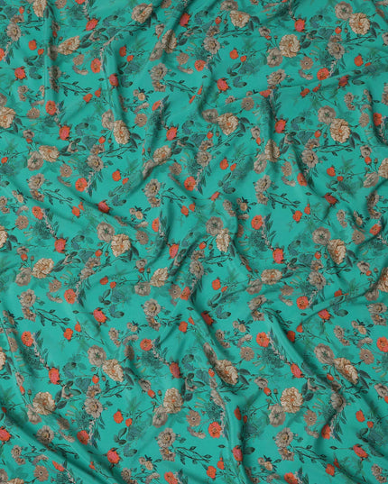 Teal Green Floral Printed Silk Crepe Fabric Soft Flowing Lightweight Luxurious Material for Dressmaking Sewing Apparel Craft Use 110 Cms Width India Origin-D27300 Regal Fabrics
