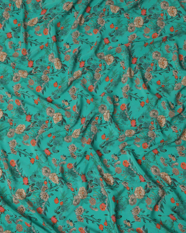 Teal Green Floral Printed Silk Crepe Fabric Soft Flowing Lightweight Luxurious Material for Dressmaking Sewing Apparel Craft Use 110 Cms Width India Origin-D27300