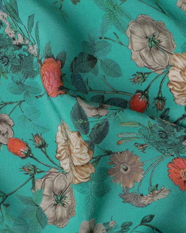 Teal Green Floral Printed Silk Crepe Fabric Soft Flowing Lightweight Luxurious Material for Dressmaking Sewing Apparel Craft Use 110 Cms Width India Origin-D27300