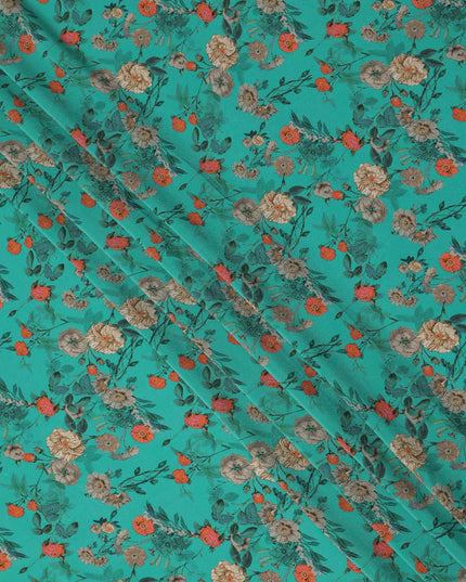 Teal Green Floral Printed Silk Crepe Fabric Soft Flowing Lightweight Luxurious Material for Dressmaking Sewing Apparel Craft Use 110 Cms Width India Origin-D27300 Regal Fabrics