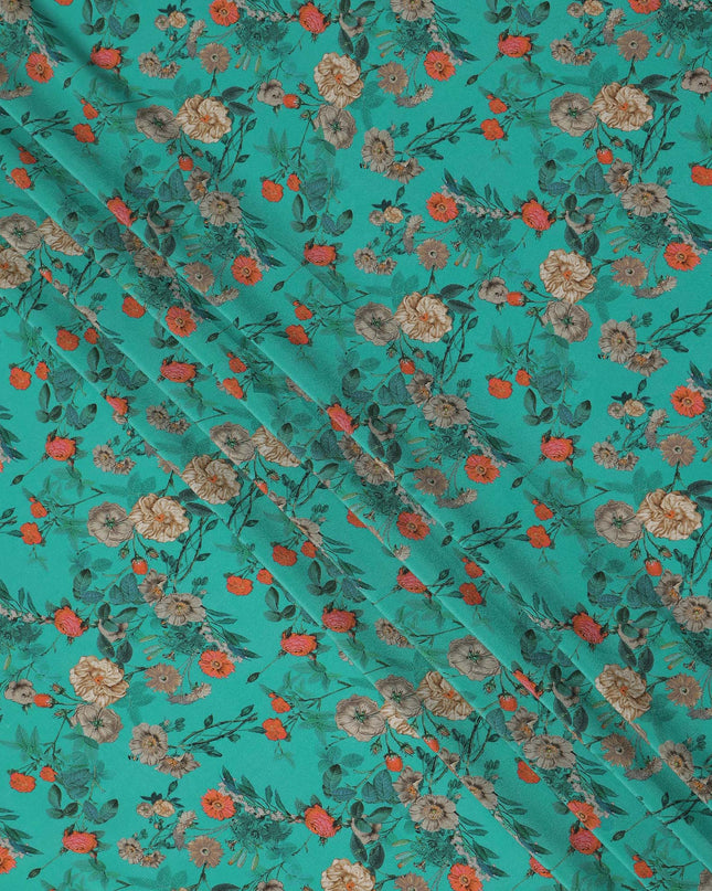 Teal Green Floral Printed Silk Crepe Fabric Soft Flowing Lightweight Luxurious Material for Dressmaking Sewing Apparel Craft Use 110 Cms Width India Origin-D27300