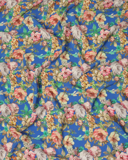 Blue Floral Pure Silk Crepe Fabric 110cm - 1328331