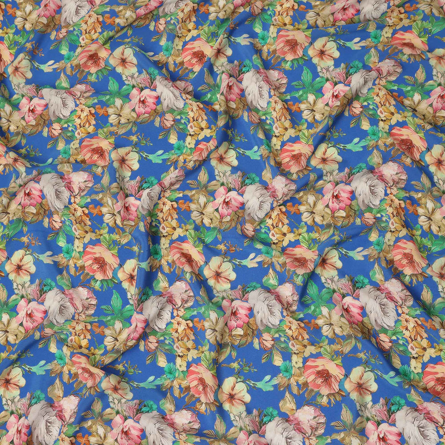 Blue Floral Pure Silk Crepe Fabric 110cm - 1328331