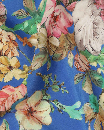 Blue Floral Pure Silk Crepe Fabric 110cm - 1328331